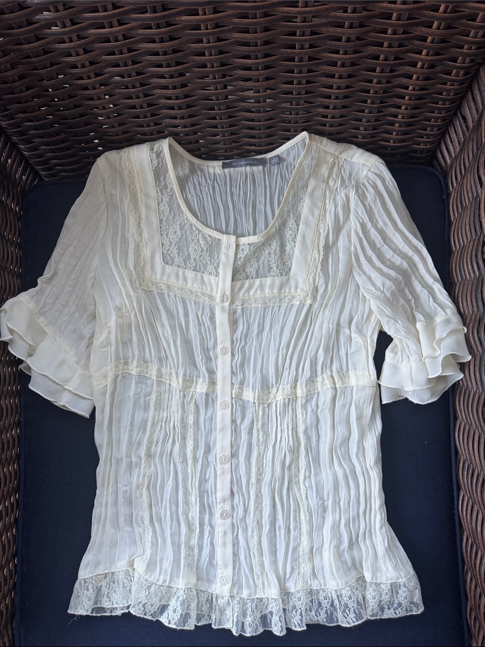 NY Collection Ivory Lace-Trim Button Blouse